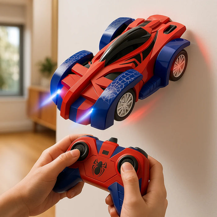 Red and blue RC car climbing a wall beside its controller