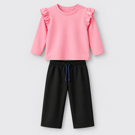 Pink Ruffle Sweatshirt & Black Trouser Set