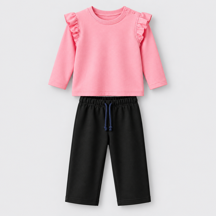 Pink ruffle-shoulder top with black trousers