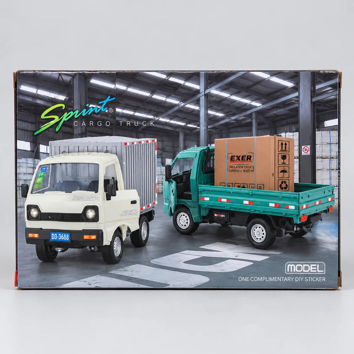Remote control cargo truck packaging showing white and green trucks