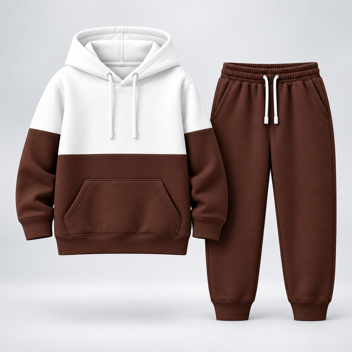 White and brown colour-block hoodie with brown joggers