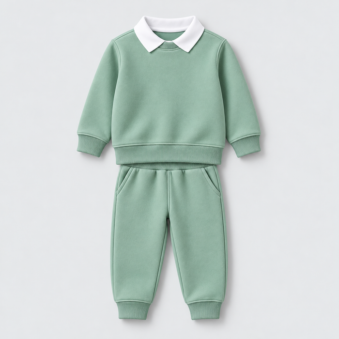 Green sweatshirt with white collar and matching joggers