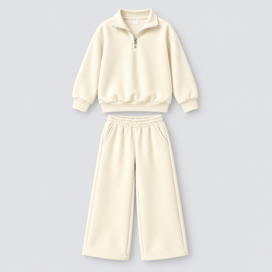 Cream Half-Zip Sweatshirt & Wide-Leg Trouser Set