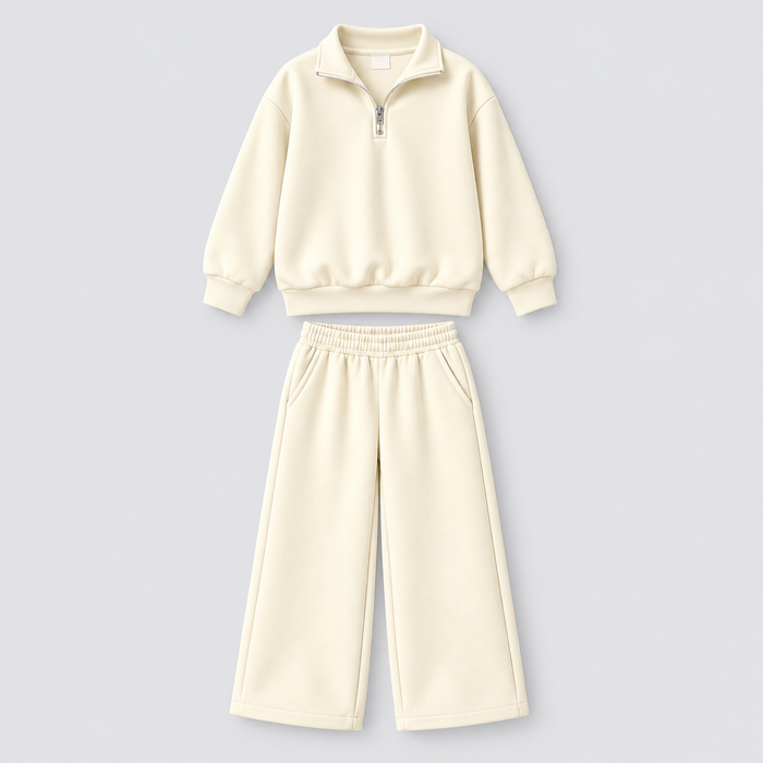 Cream half-zip sweatshirt with wide-leg trousers