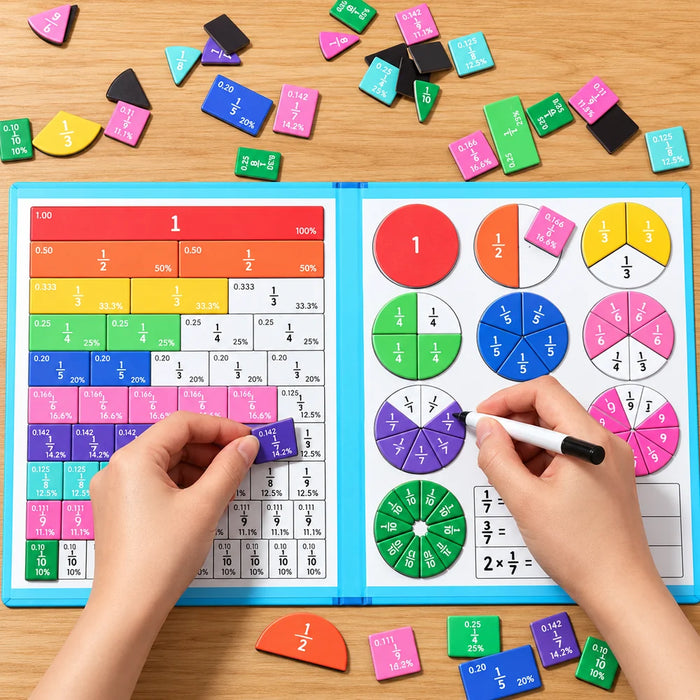 Magnetic fraction board with coloured strips and fraction circles in use