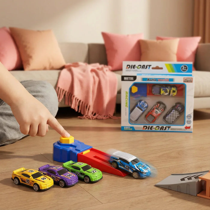 Child launching die-cast cars with the catapult racing set