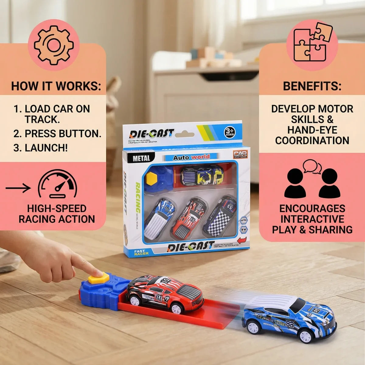 Car Catapult Racing Set – 4 Die-Cast Cars with Launcher