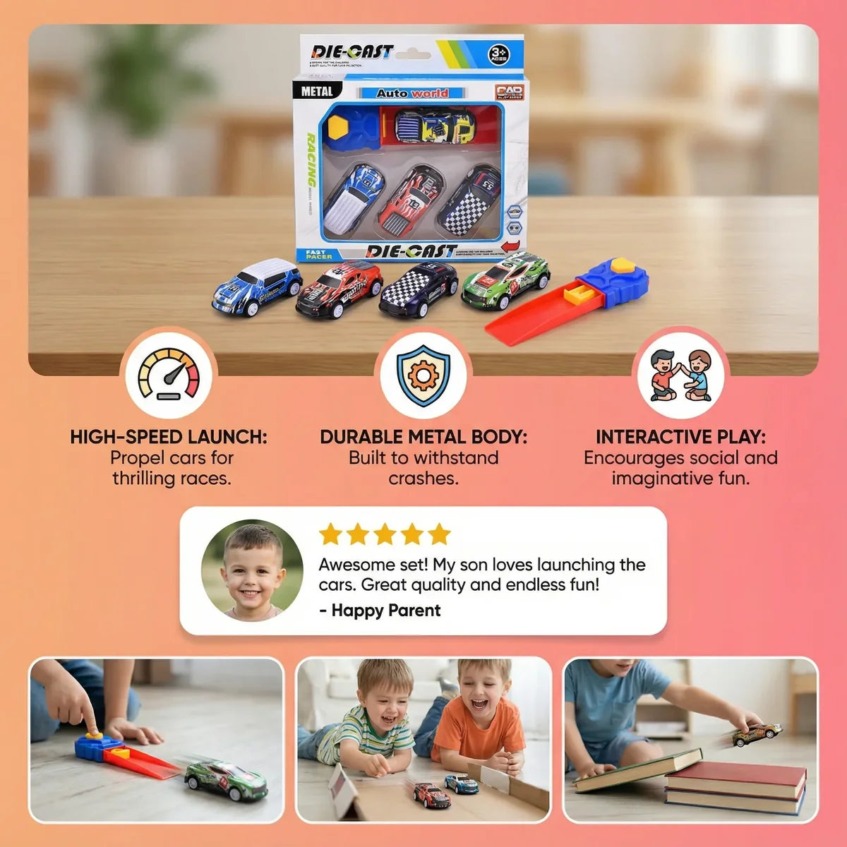 Car Catapult Racing Set – 4 Die-Cast Cars with Launcher