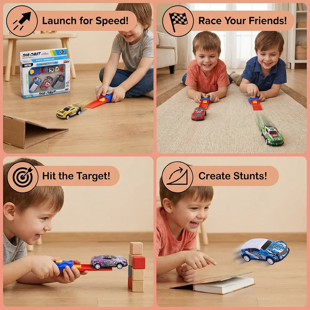 Car Catapult Racing Set – 4 Die-Cast Cars with Launcher