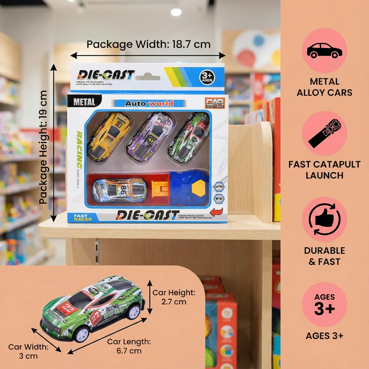 Car Catapult Racing Set – 4 Die-Cast Cars with Launcher